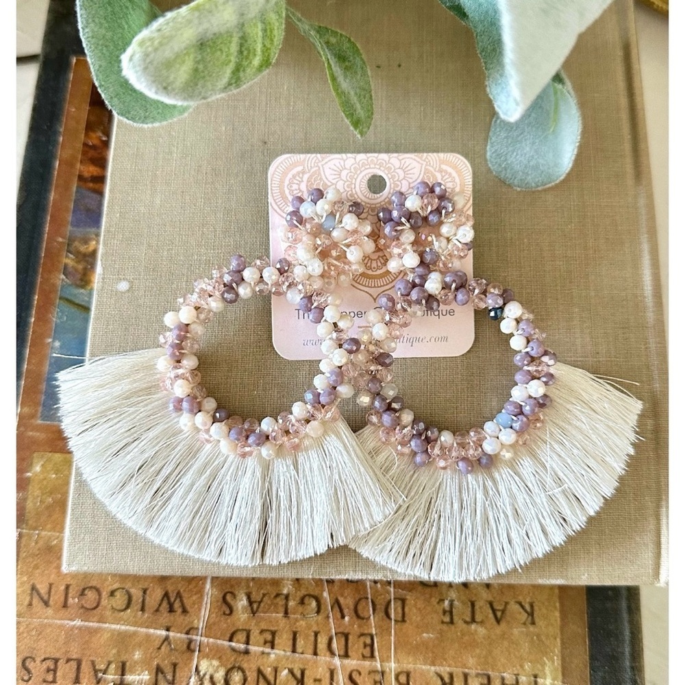 Beaded fringe purple/pink/cream circle fringe statement earrings